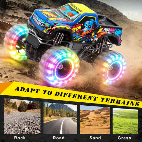 Monster Truck RC Car For Kids 1 To 20 Scale 2.4GHz All Terrain Toy With Lights Rechargeable Batteries Realistic Details