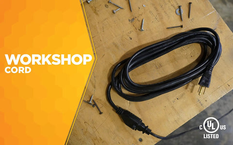 Rugged Indoor Outdoor Extension Cord 15 Foot Heavy Duty 3 Prong With Vinyl Jacket Molded Plugs And Reinforced Blades on workbench
