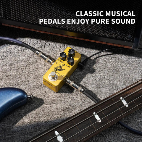 Golden Horse Overdrive Tone Pedal For Electric Guitar With True Bypass Two Voice Modes Normal Soft Boost For Lead And Rhythm Kickin Crunchy Drive For Studio And Stage on carpet with guitar and amp.