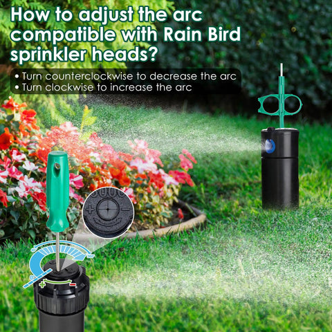 Guide to adjusting arc on Rain Bird sprinkler using All In One Sprinkler Head Tools Kit Eight Pack Compatibility Wrenches.