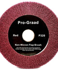 Killer Bench Grinder Flap Wheel Perfect For Knocking Out Scratches And Nicks With A Slick 320 Grit Finish Includes Adaptive Arbor For Quick Shaft Compatibility Heavy Duty Non Woven Design Delivers Dead Smooth Shop Results Every Time, 6 inch non-woven flap wheel in red, ideal for metal surface finishing.