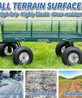 Ten Inch Pneumatic Tire And Wheel Set For Hand Trucks Trolleys Dollies And Garden Carts Two Pack displayed on green wagon