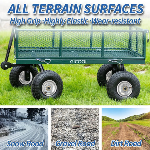 Ten Inch Pneumatic Tire And Wheel Set For Hand Trucks Trolleys Dollies And Garden Carts Two Pack displayed on green wagon