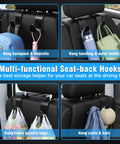 Installed on car headrests, four black seat-back hooks for hanging bags, purses, and coats