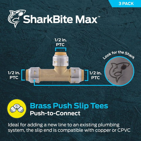 Half Inch Slip Tee Plumbing Fittings Pack Of 3 Push To Connect Brass Copper CPVC PEX Compatible No Fuss Easy Install