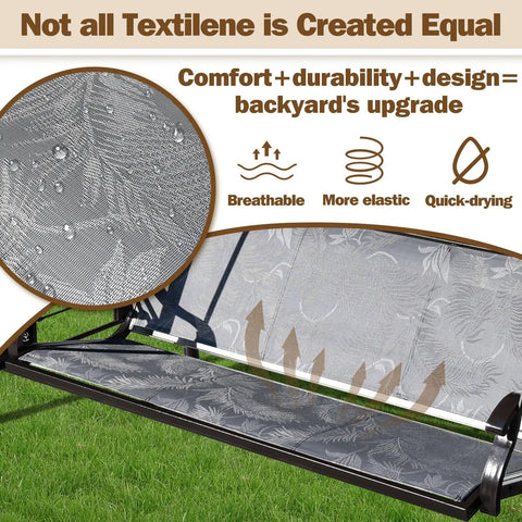 Detailed view of Textilene fabric seat on Three Person Outdoor Patio Swing With Adjustable Canopy, showcasing durability and comfort features.