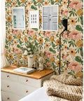 Vintage Boho Floral Peel And Stick Wallpaper With Peonies In Rose Beige Pink And Olive Removable Vinyl on bedroom wall
