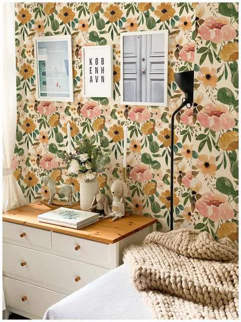 Vintage Boho Floral Peel And Stick Wallpaper With Peonies In Rose Beige Pink And Olive Removable Vinyl on bedroom wall