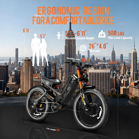 Rugged 2026 Dual Motor Electric Bike For Adult Riders Packing 52V 70Ah Battery Delivering 200 Mile Range And 46 Mph Top Speed With 26X4 Fat Tires Full Suspension Mountain Ebike ergonomic design details against city skyline.