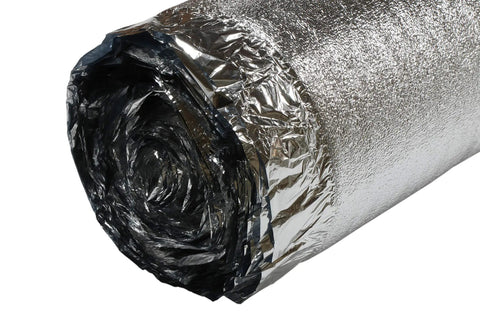 Heavy Duty Floor Underlayment With Advanced Moisture Vapor Barrier And Slick Silver Chrome Finish rolled up for installation.