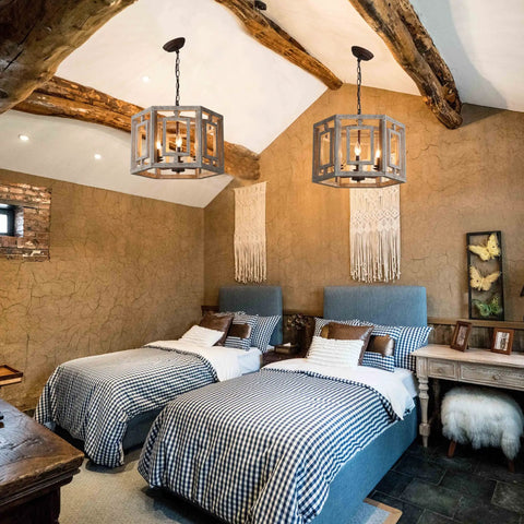 Rustic Barn Chic 6 Light Wood Pendant Chandelier With Vintage Cage Design in a cozy rustic bedroom with blue gingham bedding.
