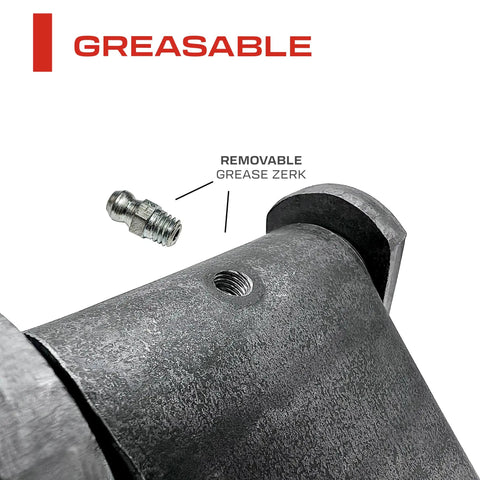 Close-up of Heavy Duty Weld On Trailer Hinges 2 Pack Steel Leaf Style, featuring removable grease zerk for easy maintenance.