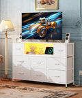 White Dresser TV Stand For 45 To 55 Inch TVs With LED Lighting And Charging Station 8 Fabric Drawers And Open Shelves Wood Top
