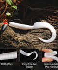 Curly Tail Worm Lures Soft Realistic Wavy Tail Bait Swimbaits For Saltwater And Freshwater Fishing Killer For Bass Trout Crappie And More 6 Inch White 20 Pack showing curly tail design and ribbed details on brown wood