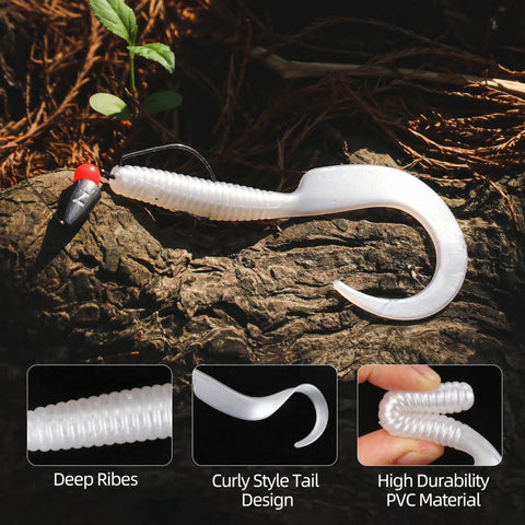Curly Tail Worm Lures Soft Realistic Wavy Tail Bait Swimbaits For Saltwater And Freshwater Fishing Killer For Bass Trout Crappie And More 6 Inch White 20 Pack showing curly tail design and ribbed details on brown wood