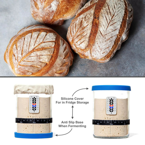 40oz Wide Mouth Sourdough Starter Jar Kit With Marked Feeding Band, Scraper, Cloth Cover, And Silicone Lid Base, loaves