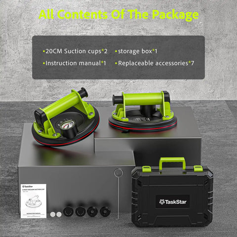 Contents of Heavy Duty Glass Suction Cup Lifter With 8 Inch Cup Built In Pressure Gauge 450 Lbs Max Load Vacuum Lifter kit