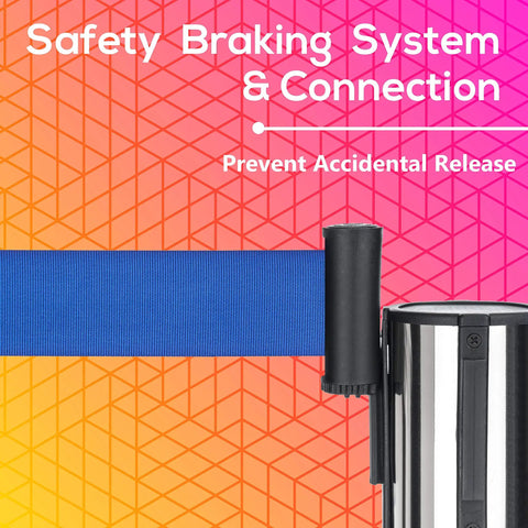 Safety braking system on heavy duty crowd control stanchions with 6.5 foot retractable blue belts and stainless steel posts.