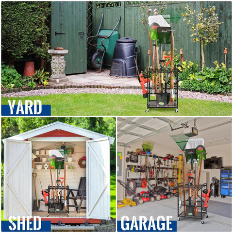 Mobile Garden Tool Organizer With Wheels For Garage And Shed All Purpose Yard Tool Rack Storage Holder shown in yard, shed, garage settings