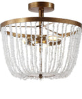 Antique Gold 3 Light Flush Mount Chandelier With Quartz Bead Accents In Stone And Metal For Dining Room Or Bedroom Modern Transitional Style LED Bulbs Included Lit Upgrade