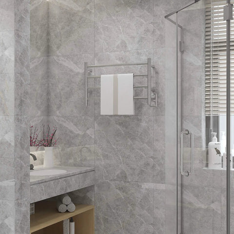 4 Bar Towel Warmer Wall Mount Drying Rack With Mirror Polish Stainless Steel 304 Plug In Bath Heater in a stylish bathroom.