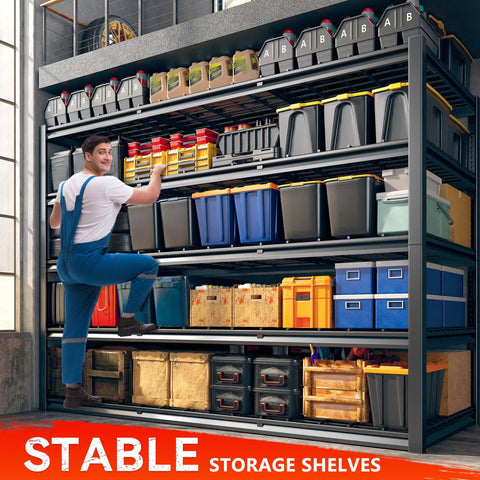 Heavy Duty 60 Inch Wide Garage Shelving Unit With 3000 Lbs Capacity, 5 Tier Metal Storage Racks For Garage Basement Pantry Workshop And More, Built To Last Steel Shelves For Maximum Space And Clean Up Clutter. 60W x 72H x 24D steel rack in garage