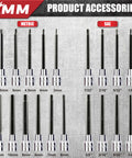 Three Eighths Inch Drive Extra Long Allen Hex Socket Set, 19 Piece SAE And Metric, S2 Alloy Steel, shown with sizes and types