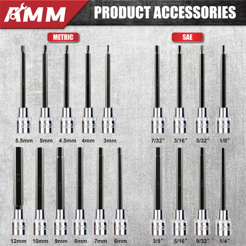 Three Eighths Inch Drive Extra Long Allen Hex Socket Set, 19 Piece SAE And Metric, S2 Alloy Steel, shown with sizes and types