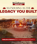 Heavy Duty Firewood Rack For Outdoor And Indoor Use Eight Foot Raised Lumber Storage Holds Half Cord Of Logs About Sixty Four Cubic Feet Keeps Firewood Dry And Ready With Built To Last Steel Construction And Weather Cover next to a fire pit with people sitting around.