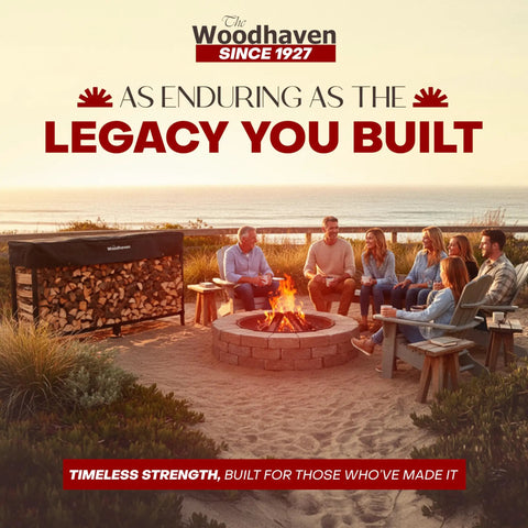 Heavy Duty Firewood Rack For Outdoor And Indoor Use Eight Foot Raised Lumber Storage Holds Half Cord Of Logs About Sixty Four Cubic Feet Keeps Firewood Dry And Ready With Built To Last Steel Construction And Weather Cover next to a fire pit with people sitting around.
