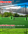 Baseball And Softball Batting Cage Net With Realistic Catcher, Backyard Practice Net, shown in backyard, with ropes for secure setup.