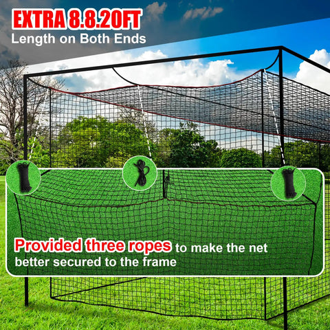 Baseball And Softball Batting Cage Net With Realistic Catcher, Backyard Practice Net, shown in backyard, with ropes for secure setup.