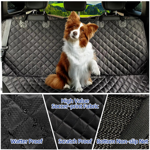 Dog Car Seat Cover for Back Seat Waterproof Nonslip Bench Protector for Cars Trucks and SUVs Soft Durable Shield for Pets Black Ride Ready and Easy Clean Up with a brown and white dog sitting on it.