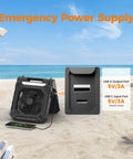 10.2 Inch Solar Camping Fan with Light Rechargeable Battery on beach, showing USB ports, emergency power supply setup