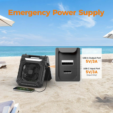 10.2 Inch Solar Camping Fan with Light Rechargeable Battery on beach, showing USB ports, emergency power supply setup