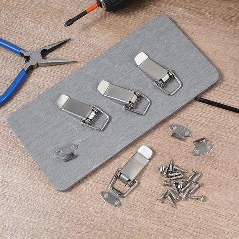 Spring Loaded Toggle Latch Set 4 Stainless Steel Latches With 18 High Quality Screws on wooden surface display