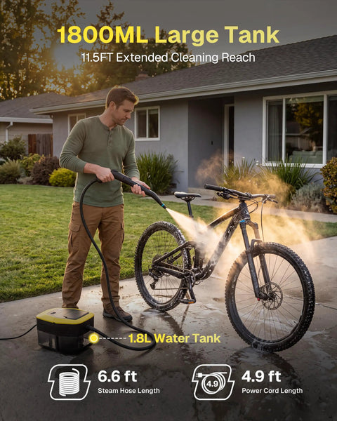 Behome Portable Steam Cleaner With 15 Second Quick Heat Up, 3-Level Adjustable Handle, And 1.9 Qt Large Tank cleaning a bicycle outdoors.