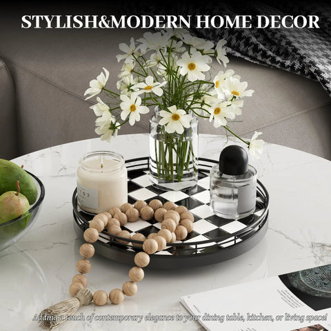 10.2 Inch Black White Checkerboard Lazy Susan Organizer With Oak Base And Iron Frame Ultra Slick Rotating Serving Tray