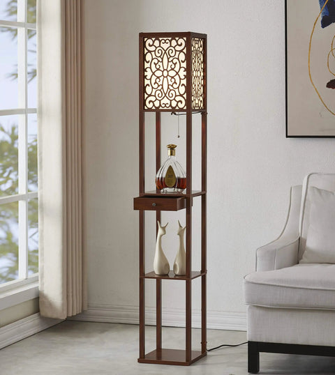 Totally Sleek Etagere Floor Lamp With Drawer And Floral Shade Panels Tall Display Shelf Lighting Unit For Living Room Or Bedroom White Fabric Shade Three Tier Shelves Built In Storage Drawer Modern Statement Piece