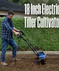 Man using 18 Inch Corded Electric Tiller Cultivator With 15 Amp Power for gardening, featuring 6 steel blades and foldable handles.
