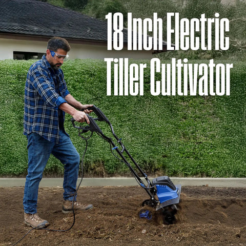 Man using 18 Inch Corded Electric Tiller Cultivator With 15 Amp Power for gardening, featuring 6 steel blades and foldable handles.