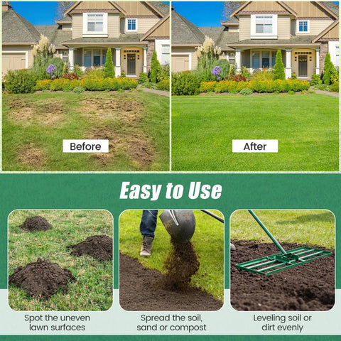Before and after of yard leveled with 30 By 10 Inch Lawn Leveling Rake For Soil Sand Dirt Beefed Up Heavy Duty Ground Leveler