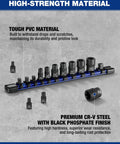 Premium 11 Piece E Torx Socket Set Fits 1/4 And 3/8 Inch Drives crafted from tough CRV steel displayed on PVC holder with black finish.