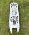 Top view of Fiber Glass Gas Powered Racing RC Boat Ready To Roll With Water Cooling System Radio System Servos CNC Metal Rudder