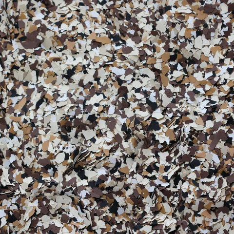 Canyon brown and ivory decorative flakes for Top Shelf 15 Gallon Epoxy Floor Coating Kit for concrete surfaces.