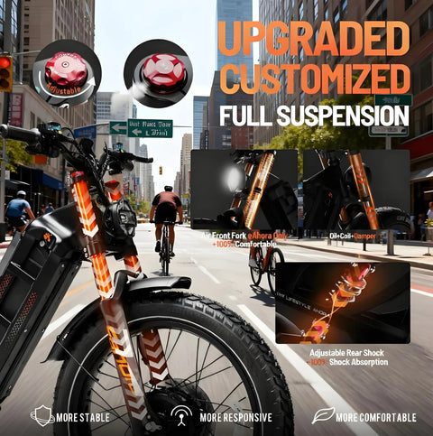 Heavy Duty Full Suspension Electric Bike With Four Thousand Watts Dual Motors And Massive Fifty Two Volt Battery custom full suspension details on city street.