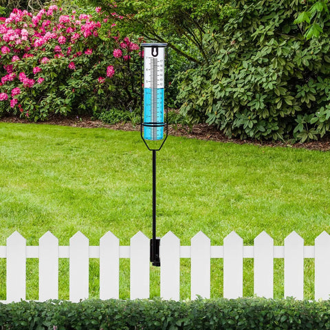 Beefy Clamp On Rain Gauge For Outdoor Use With Large Capacity Clear Scale Rust Proof Metal And Adjustable Height Great For Garden Yard Lawn Patio Farm Fence Rails Rain Meter on white fence in lawn