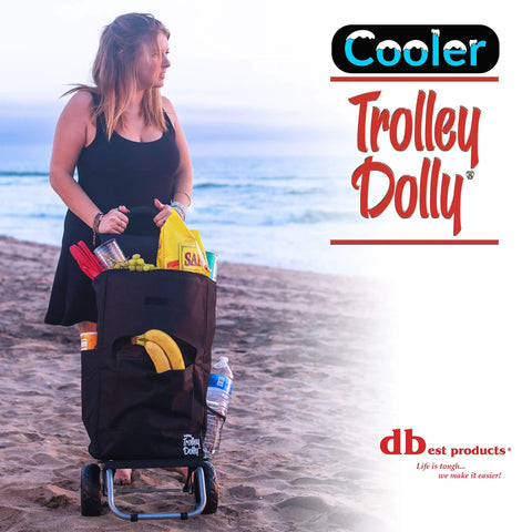 Woman pulling collapsible cooler trolley on wheels with removable insulated bag on sandy beach.