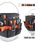 5 Gallon Bucket Tool Organizer With 47 Pockets Heavy Duty 1680D Ballistic Fabric Bucket Bag Holder displayed on a white bucket