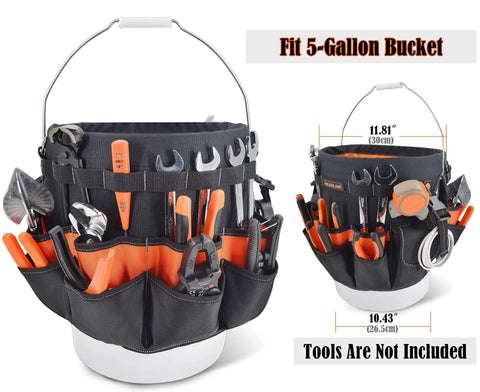 5 Gallon Bucket Tool Organizer With 47 Pockets Heavy Duty 1680D Ballistic Fabric Bucket Bag Holder displayed on a white bucket